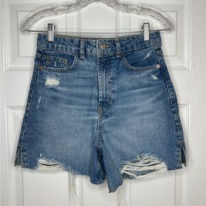 Zara High Rise Distressed Denim Shorts Raw Hem | Size 4
